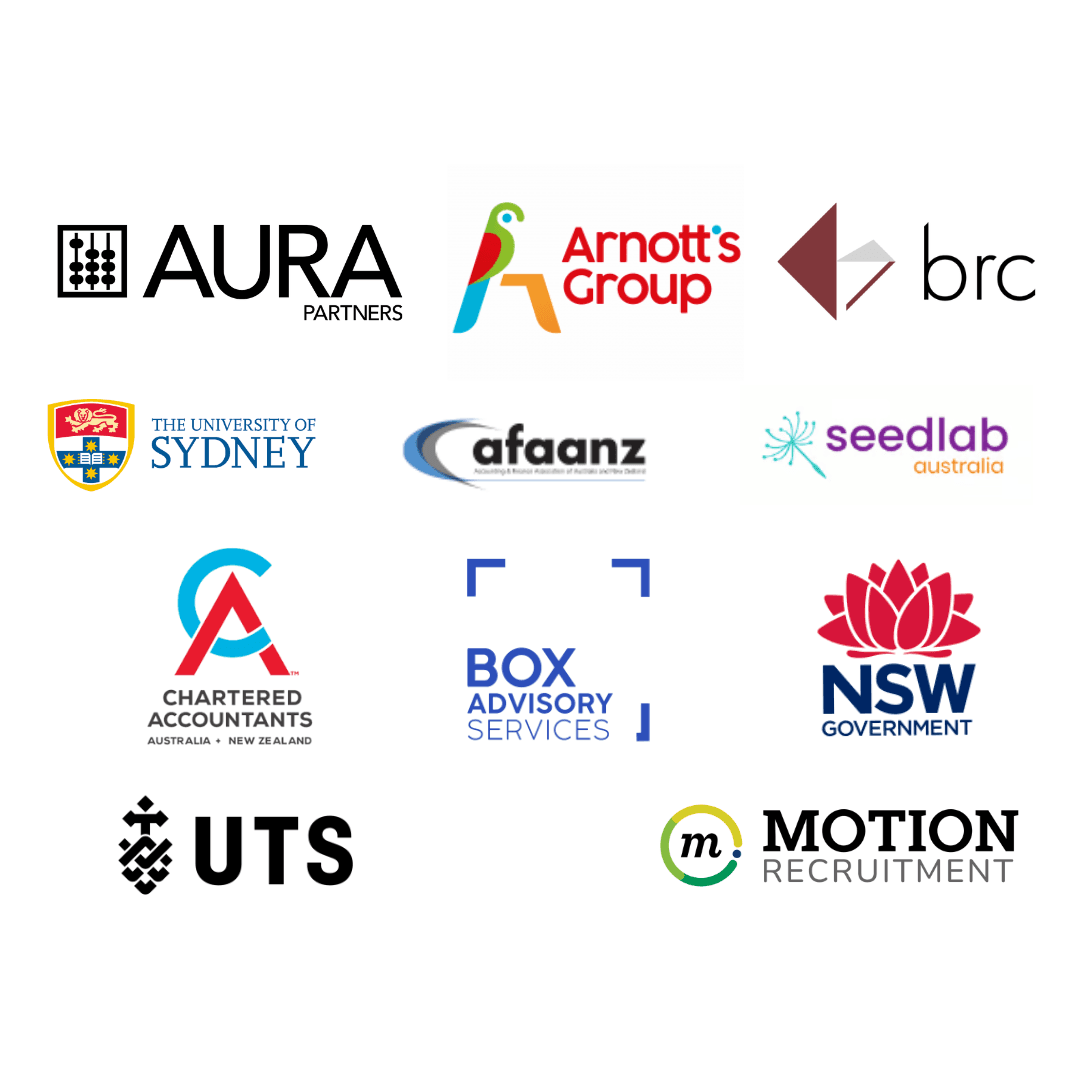 Client logos: Aura Partners, Arnott’s Group, BRC, The University of Sydney, AFAANZ, Seedlab Australia, Chartered Accountants ANZ, Box Advisory Services, NSW Government, UTS and Motion Recruitment